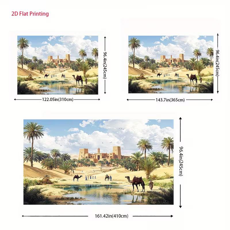 Moroccan Desert 2D Backdrop, Ancient Castle Oasis Camel Photography Background
