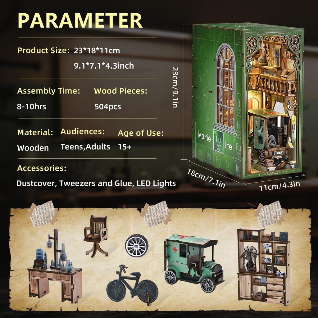 MiniCity DIY Book Nook Kit - Dollhouse Kit - Miniature House Kit with Artwork and LED Lights (Radium Lady)