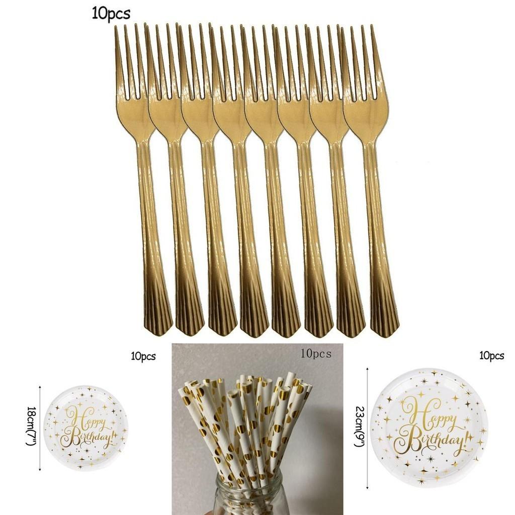 Elegant Gold Polka Dot Stamping Happy Birthday Party Decor Supplies Disposable Tableware Set