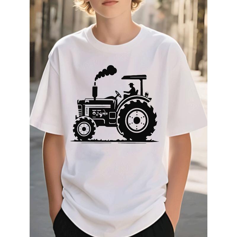 Boys T - Shirt Casual Trendy Black Tractor Farmer Graphic