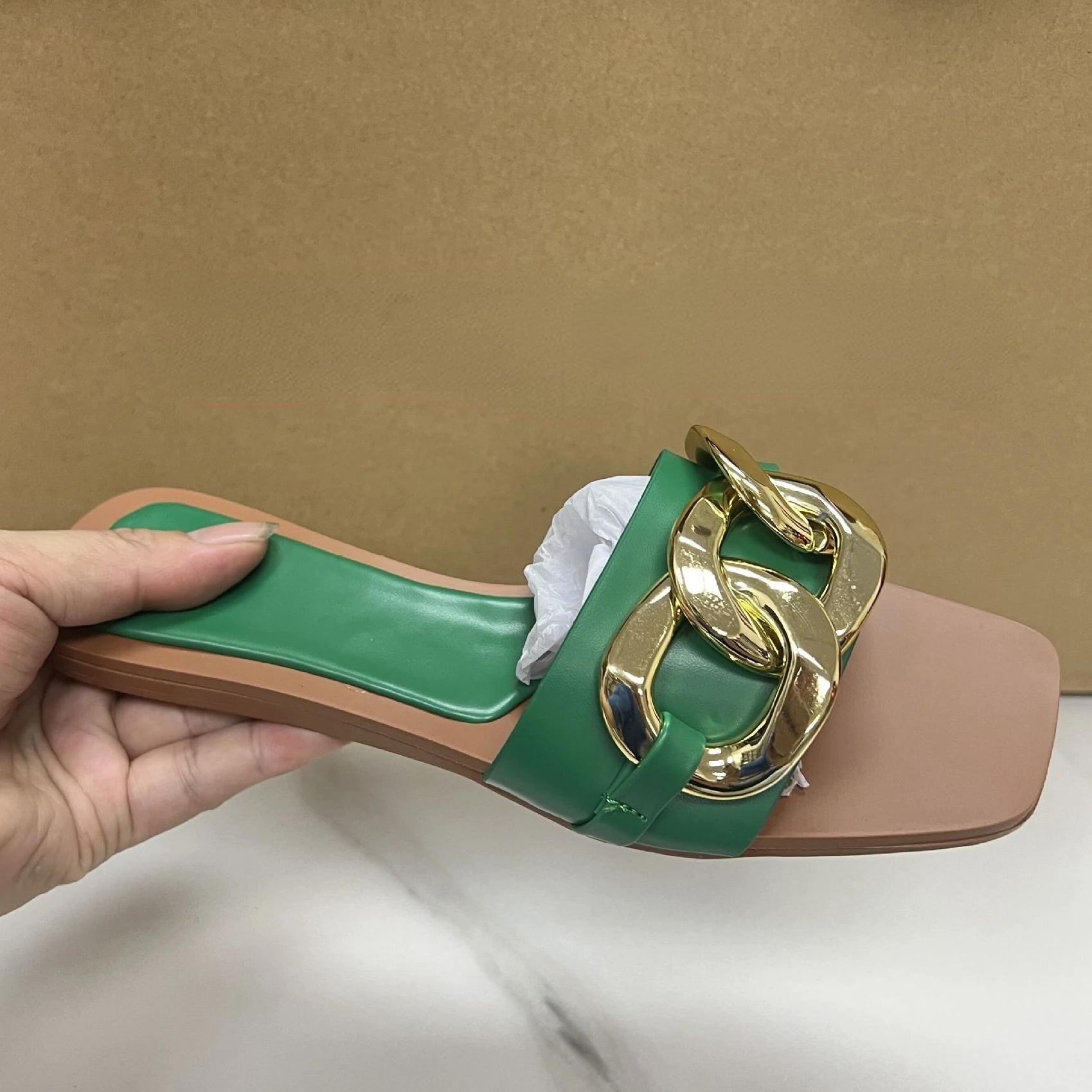 

fashion Women s Summer Sandals Fashion Metal Decorative Square Head Outer Wear Flat Heel Large Size Seaside Beach Ladies Shoes on Offer 37 зелений