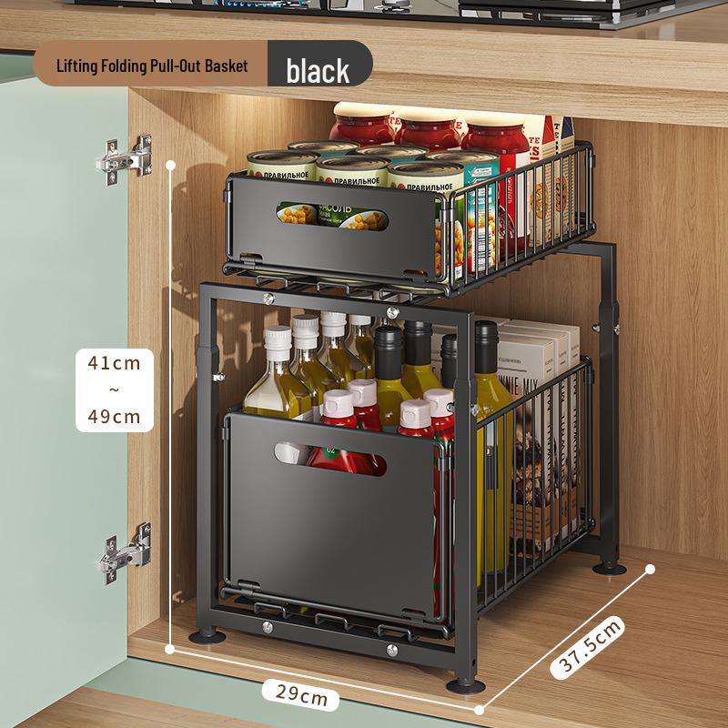Double-Layer Pull-Out Basket Storage Rack for Under-Counter Bathroom and Kitchen