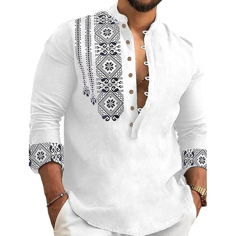 DEELMO Men's Cotton Blend Mandarin Collar Regular Fit Full Sleeve Casual Short Kurta, White, L