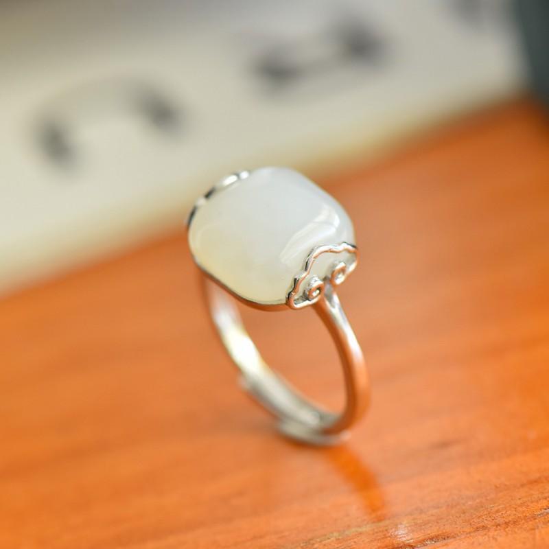 Adjustable Open Ring Women Men Vintage Style Geometric Square Jade-Inspired Copper Statement