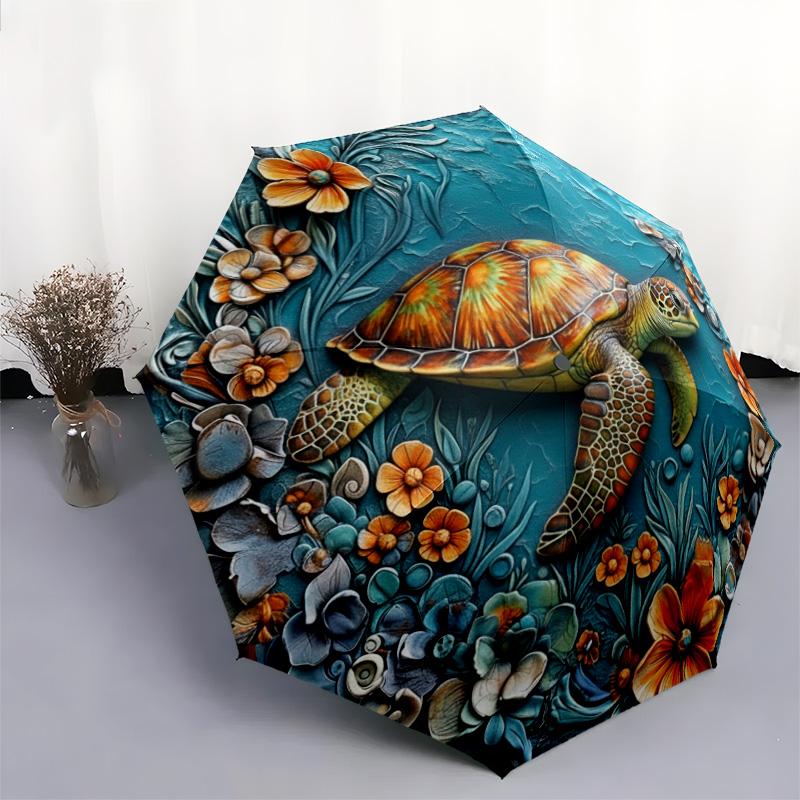 0106 Embossed Floral Marine Animals Pattern, Automatic Folding Umbrella, Portable and Foldable Design, 8 Ribs, a Christmas or Birthday Gift.