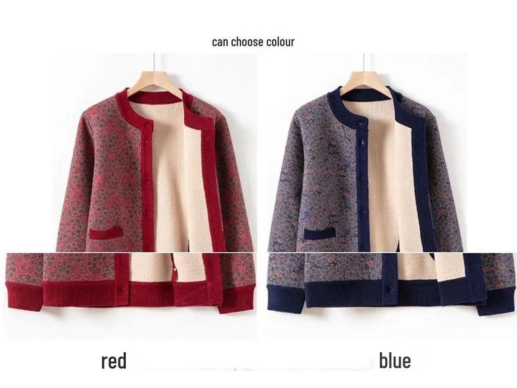 Fleece-Lined Printed Cardigan: Warm Autumn/Winter Style for Middle-Aged & Elderly Women