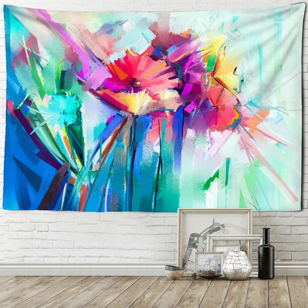 Blue Flower Oil Painting Tapestry Wall Hanging Hippie Tapez Simple Art Living Room Aesthetic Room Decor