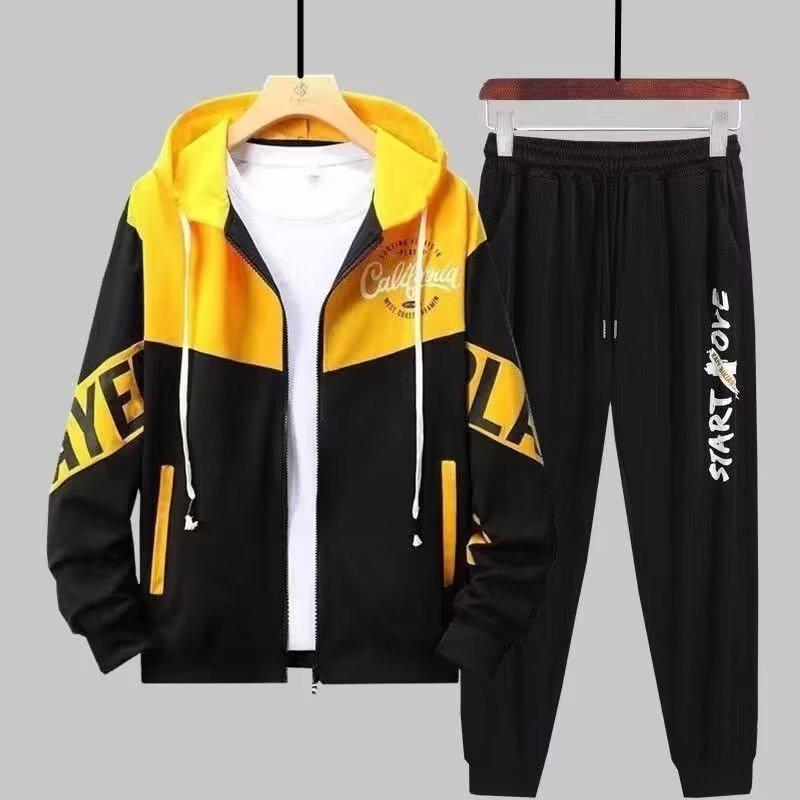 Men's Trendy Hooded Fleece Sweatshirt & Casual Baseball Uniform Two-Piece Set for Autumn/Winter Teens