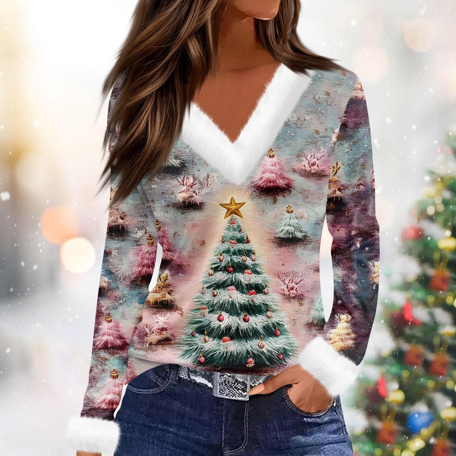 

Женский модный повседневный топ с V-образным вырезом и длинными рукавами, рождественским принтом и плюшевым воротником XL розовый