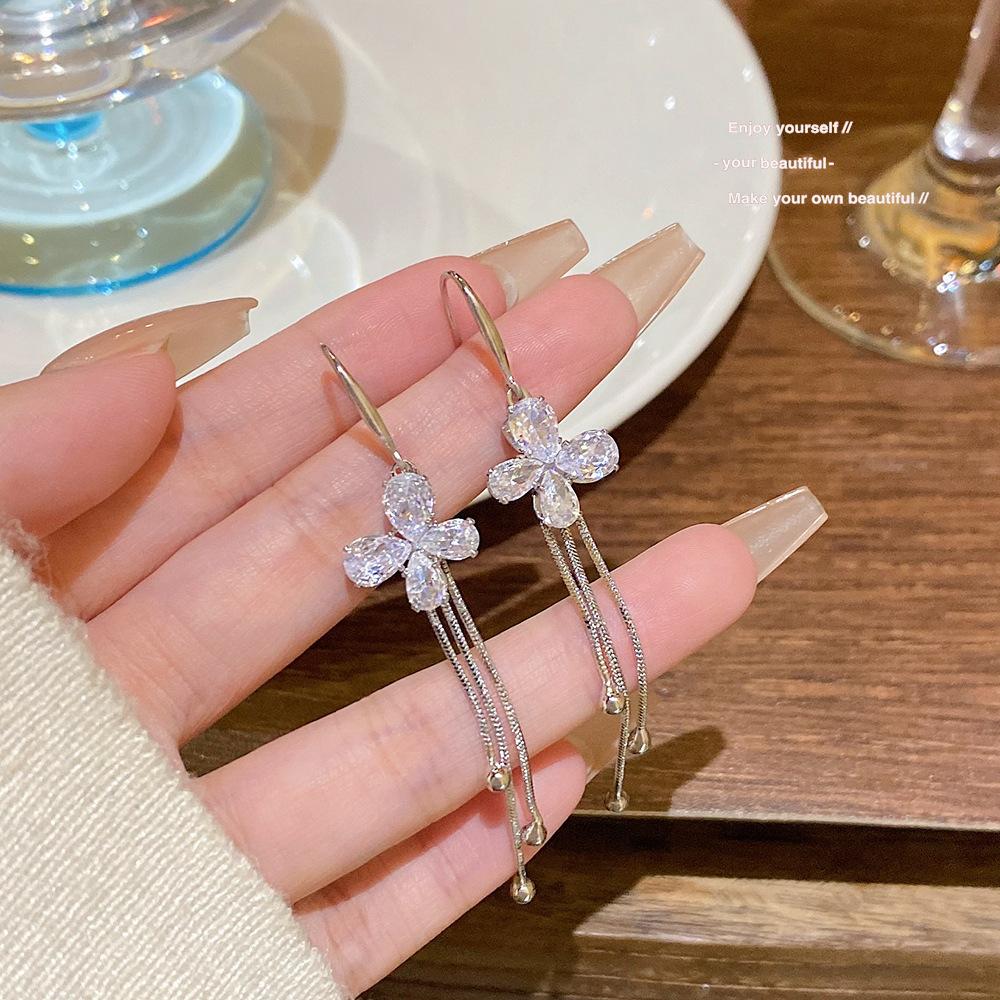 Silver plating Needle Zircon Tassel Earrings Chic High-grade Design Fairy Temperamental
