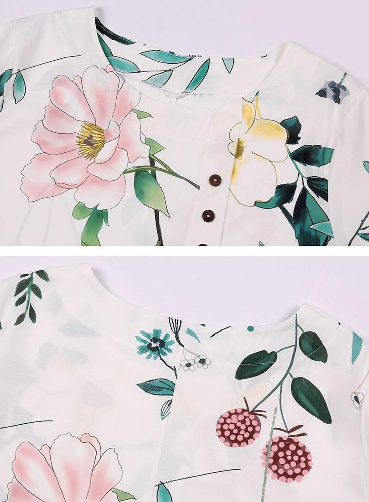 Floral Blouse Shirt Blouse Tops Short Sleeve Crew Neck Button Summer Large Size [MaxWant] Women's (JP, Alphabet, L, White)