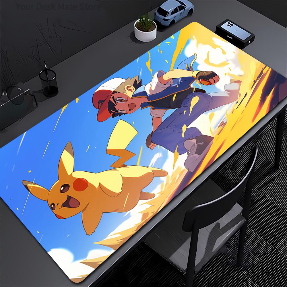 Pokemon Ash Und Pikachu Laufen Schreibtischunterlage Rutschfest Großes Gaming-Mauspad Wasserdicht Anime-Tastaturunterlage für Heim- und Bürodekoration