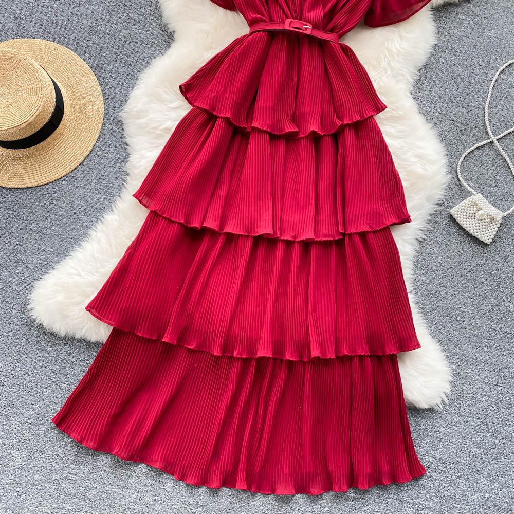 Sommer Kvinner Feriebelte Løs Lang Kjole Elegant Kortermet Ruffles Strand Maxi Kjoler