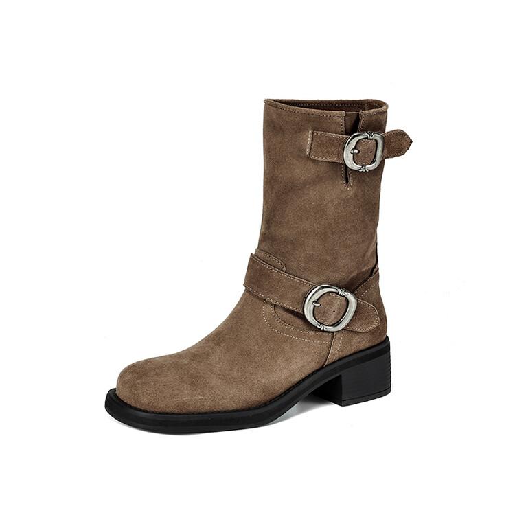 Fashion New Autumn Winter Cow Suede Women Boot Fashion Buckle Square Toe Mid-calf Boots for Women Thick Heel Work Boots Zapatos Mujer