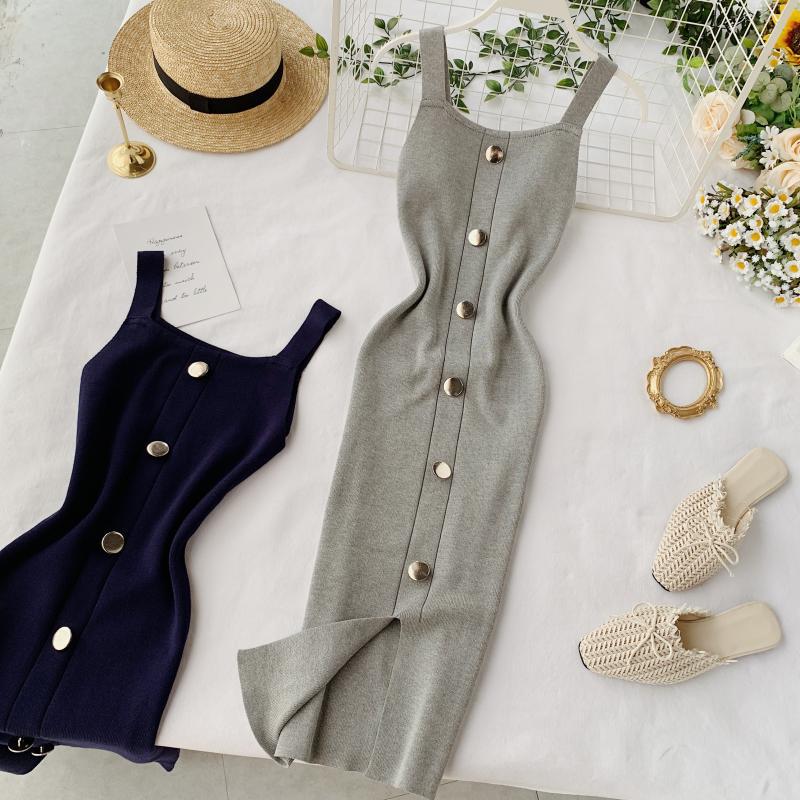 Knitted dress new summer temperament square collar slim and thin breasted sleeveless vest split bottom skirt