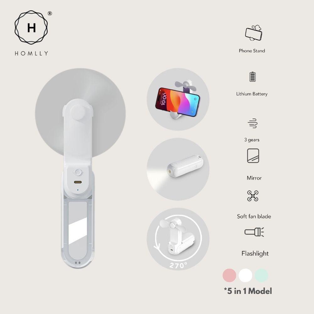 Homlly 5 in 1 Portable Handheld Pocket Fan with Power Bank, Flash Light, Mirror & Mobile Phone Holder X3PCS