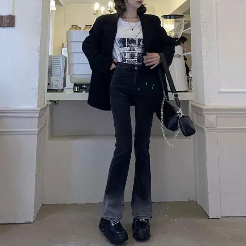 

Женские градиентные эластичные джинсы клеш с высокой посадкой XXL черный серый