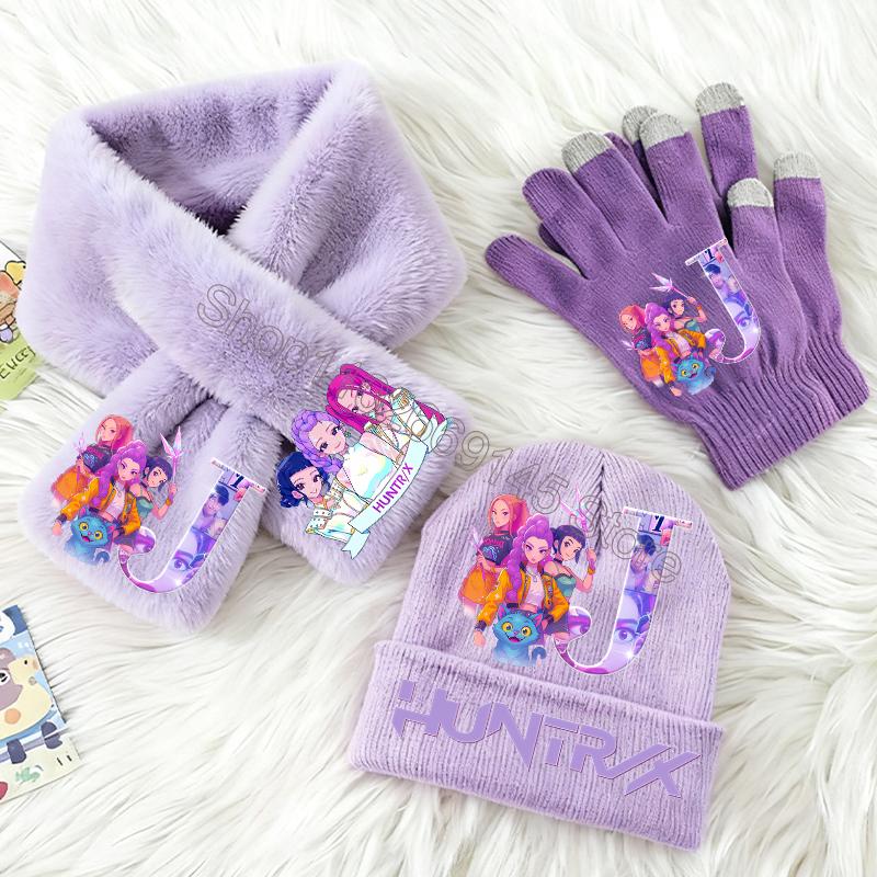 3-teiliges KPop Dämonenjäger Kinder Strickmütze Handschuhe Schal Set Niedliche Mädchen Winteraccessoires Strickmütze Schals Weihnachtsgeschenke