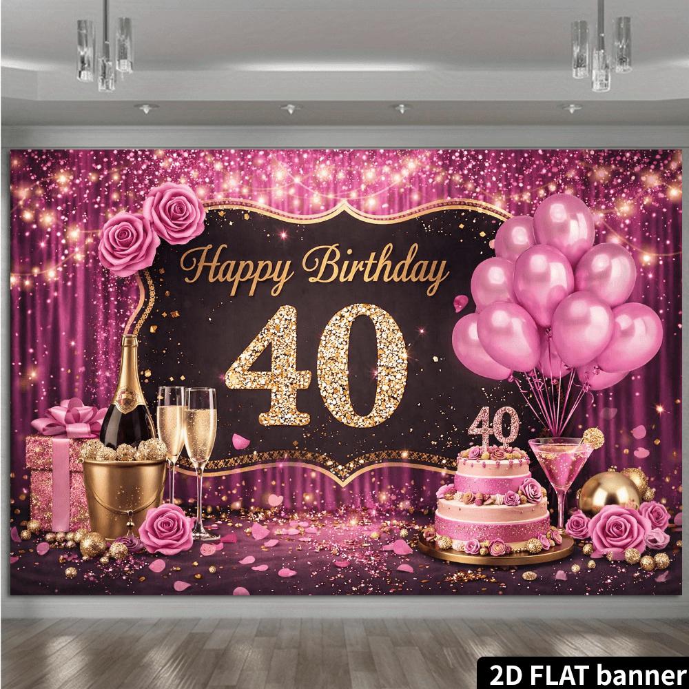 2D plane 40th birthday party backdrop - Pink and gold theme, for celebrating 40th birthday, made of polyester material