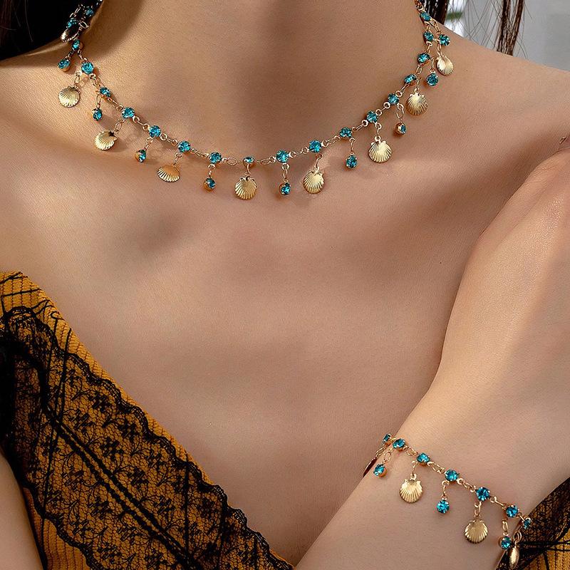 

Золотой цвет блестящий синий циркон в форме ракушки кулон ожерелье браслет набор для женщин летние пляжные аксессуары