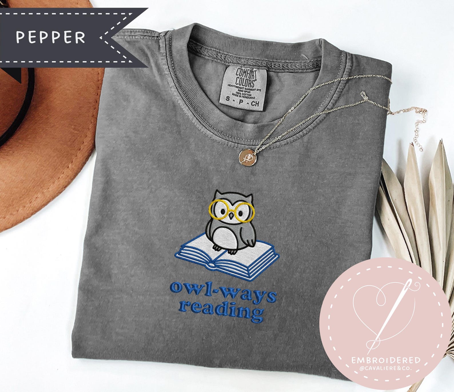 Owl-Ways Reading Embroidered Tee, Animal Owl Lover Gift, Comfort Colors Shirt for Book Lovers L