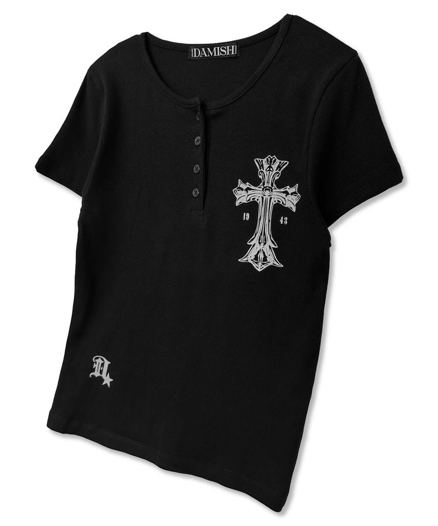 Damiswi Gothic Cross Henley Neck Short Sleeve_Black