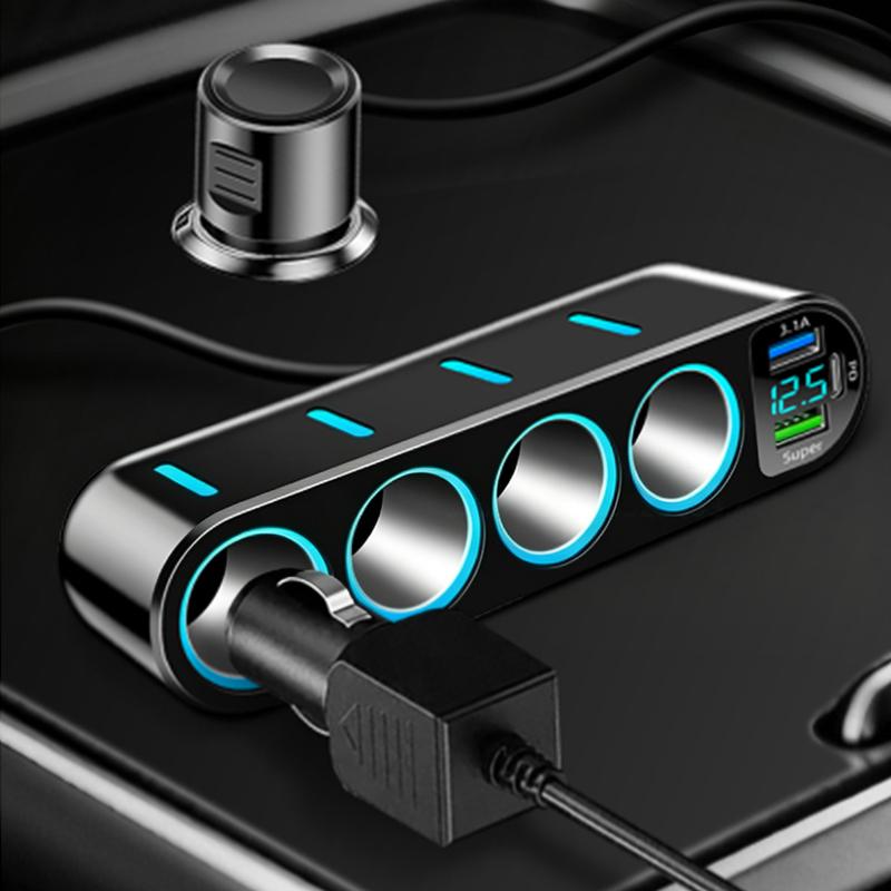 7 In 1 Safe Car Fast Charger Adapter 4 Cigarette Lighter Dual USB PD 12-24V Overheat Protection for Vehicle Use