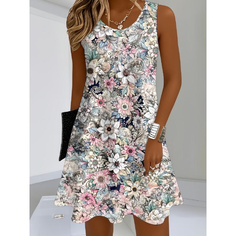 

Women s sleeveless round neck printed dress, knitted fabric, floral print pattern 5XL