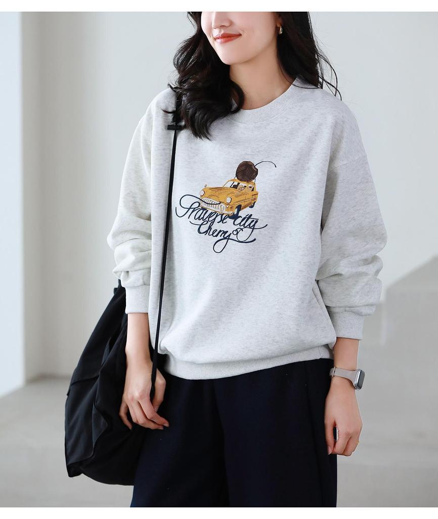 2025 Autumn Women's Cotton Round Neck Printed Casual Loose Slimming Long Sleeve Hoodie Top