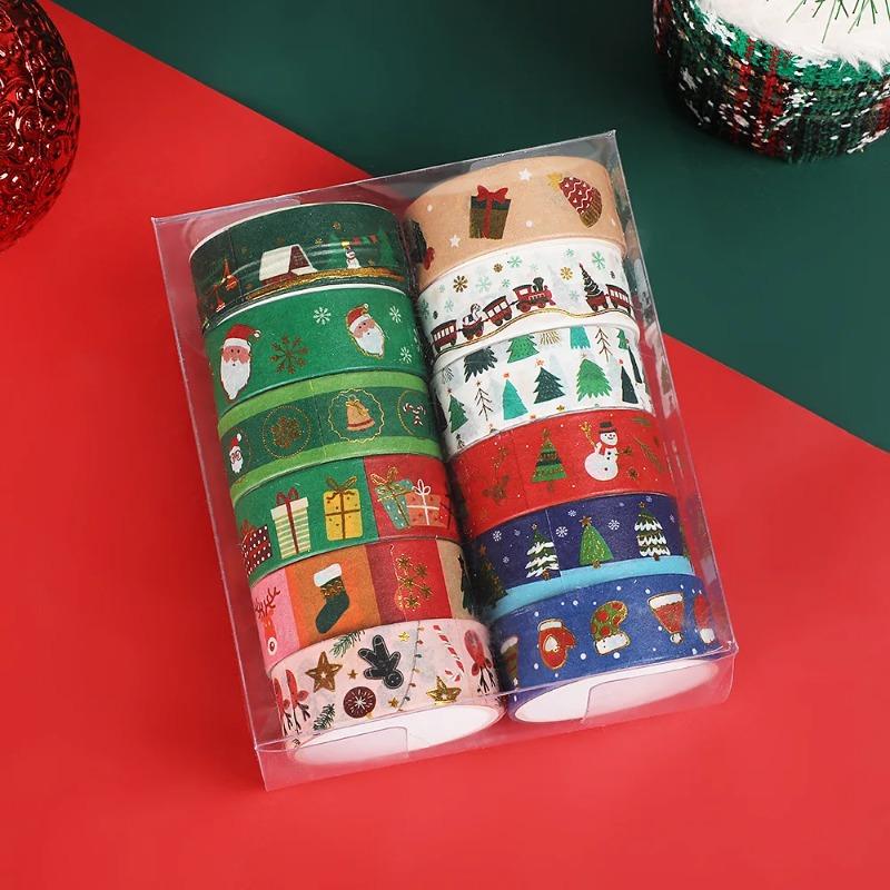 12 Rolls Cute Gold Foil Journal Decor Christmas Tape  Cartoon Holiday Design DIY Handcraft Stationery Supplies Washi Tape