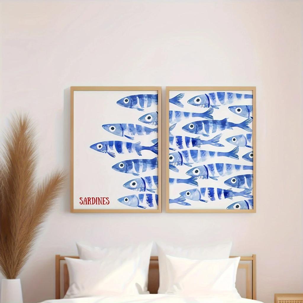 Retro Blue Sardine Canvas Poster Mediterranean Style Sardine Animal Wall Art Prints Ideal Gift for Modern Living Room Home Decor