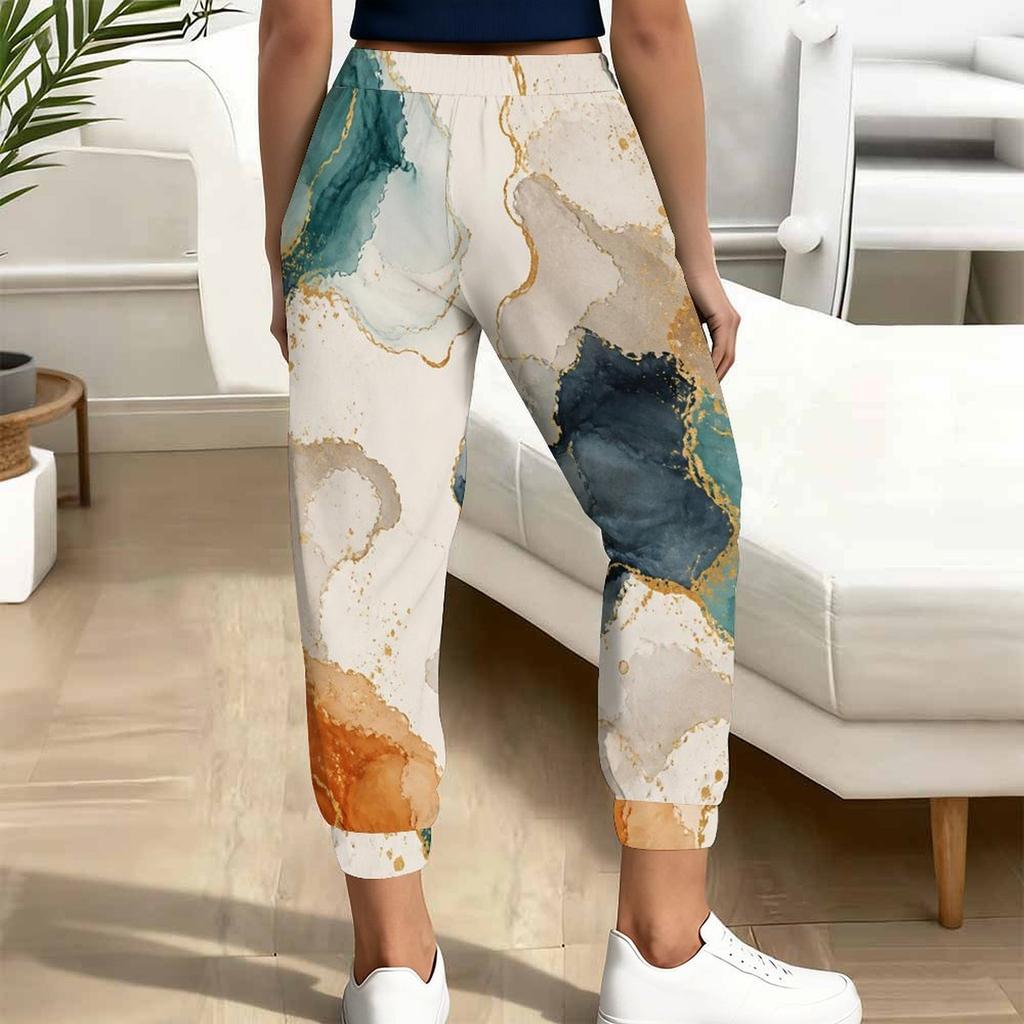 Women Plus Size Abstract Printed Jogger Pants Drawstring Waist Side Pockets Cuffed Ankle