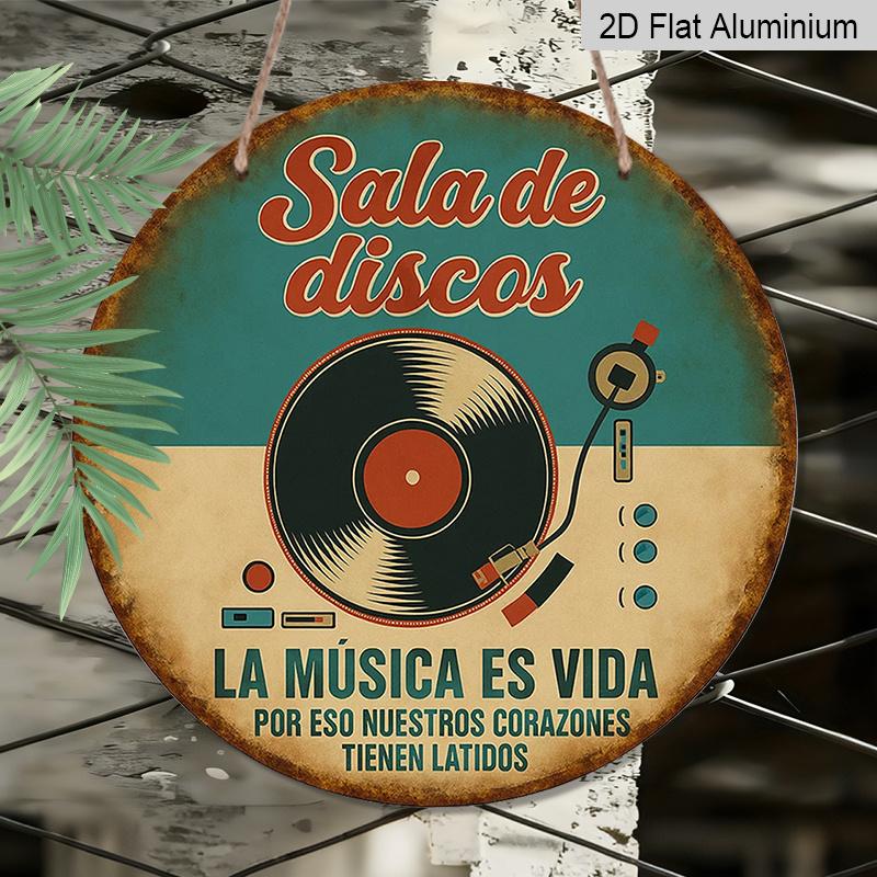 2D Flat, 1pc Spanish Language Vintage Vinyl Record Music Wall Aluminum Plaque - 7.87" Round Retro Turntable Sign Suitable for Bars, Cafes, Music