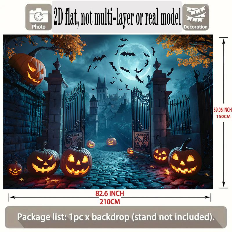One full moon and bat cemetery scene banner - 2D flat polyester Halloween decoration home party backdrop fabric.PMJ