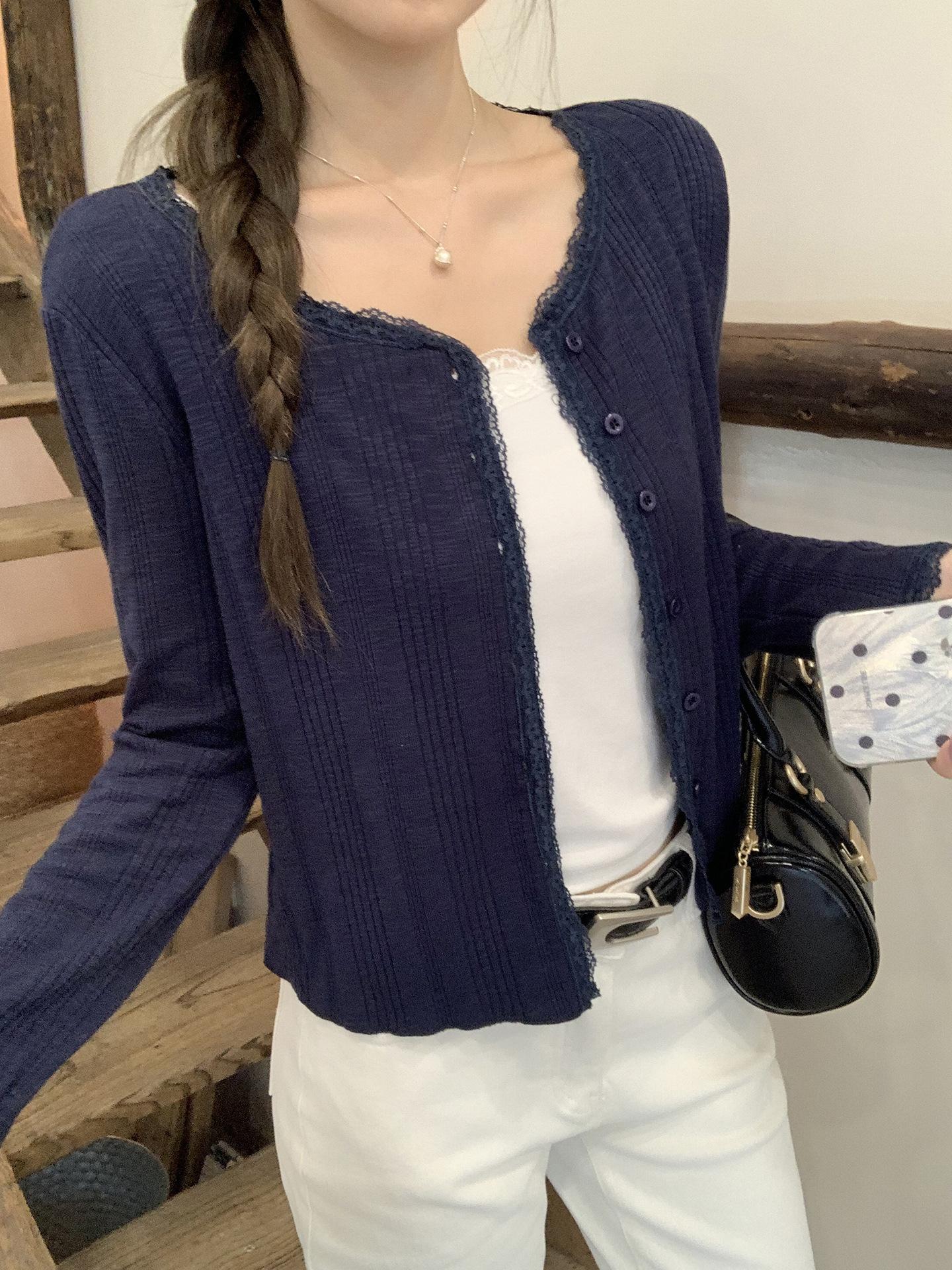 

Navy blue lace lace design sense knitted cardigan women s autumn new outer wear short sunscreen jacket top S темно-синий