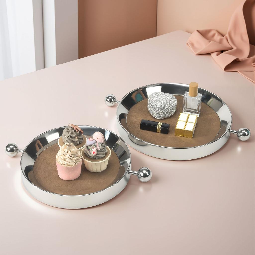 Stainless Steel Metal Mirror Leather Tray Circular Silver Handle Plate Desktop Storage Container Jewelry Tray Fruit Plate