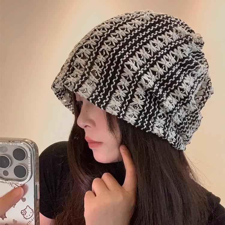 Handmade crochet hollow stacked hat for women, summer breathable vintage versatile pullover hat, loose face-flattering small hood trendy