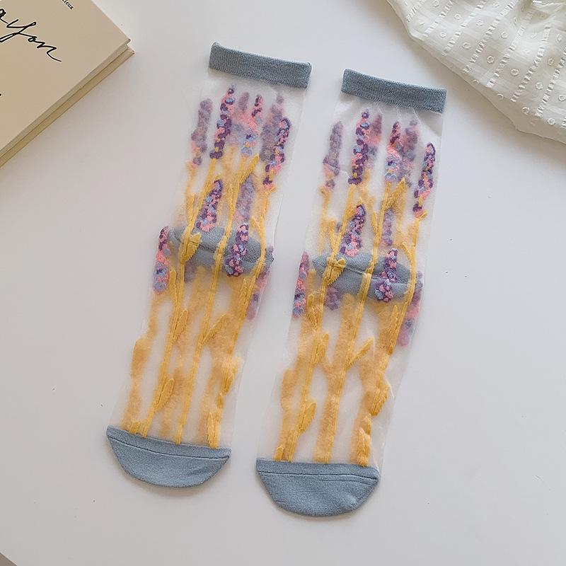 Spring/Summer Ultra Thin Vintage Crystal Silk Stockings for Women Socks for Women Mid-tube Stockings Breathable Cotton Sole Glass Silk Stockings
