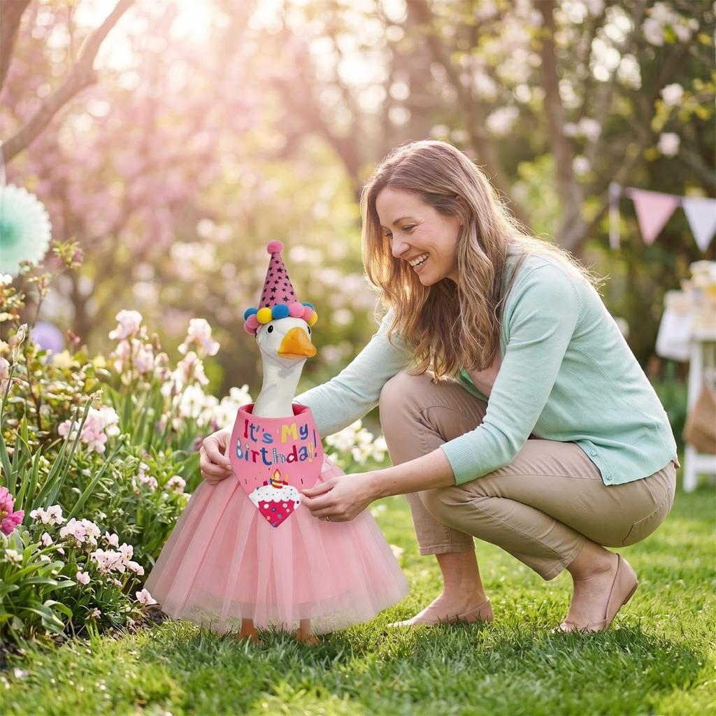 Geburtstagsparty Outfit Set Enthält Tüllrock Elastischer Bund Partyhut mit Bommeln und Bedrucktes Bandana Lätzchen für 23 Zoll Gänse-Dekoration