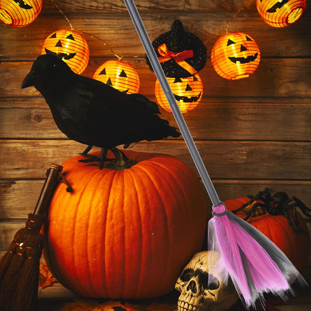 Creative Halloween Witch Broom Prop with Exquisite Workmanship Plastic and Gauze Material Safe for Adults Party Cosplay