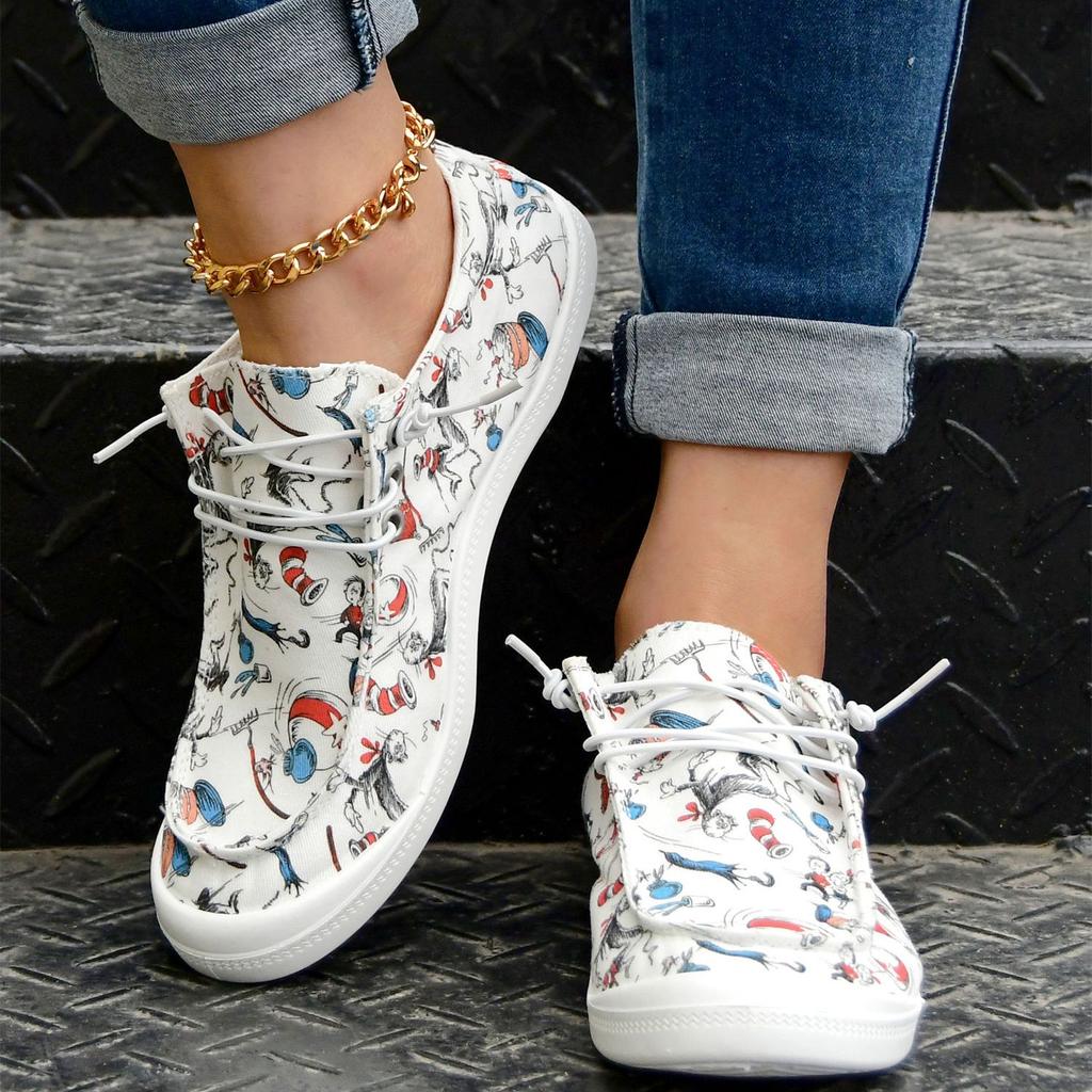 Women's Cartoon Print Flat Loafers, Lightweight Round Toe Comfortable Lace Up Slip On Canvas Shoes, Casual Low Top Shoes
