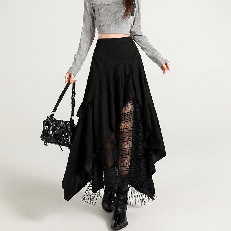 Women's High Waist Lace Patchwork Suede Midi Skirt, 2025 Autumn/Winter