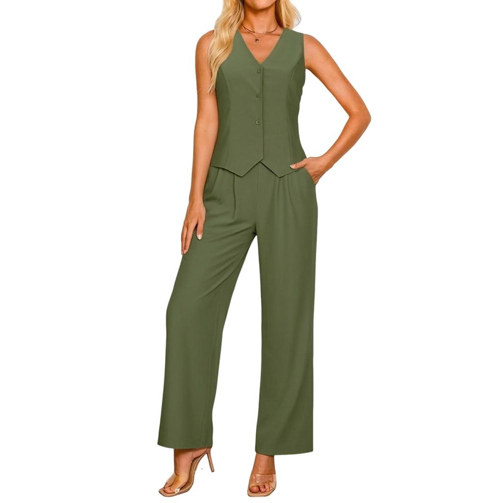 Women's Casual Summer Linen Two-Piece Sleeveless Top High Waist Trousers Beach Vacation Set