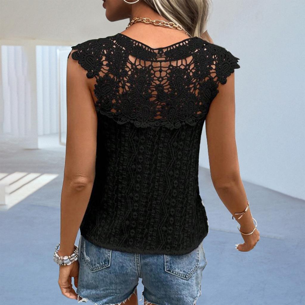 Stylish And Sexy Women's New V-neck Hollow Lace Solid Color Splicing Pullover Sleeveless T-shirt