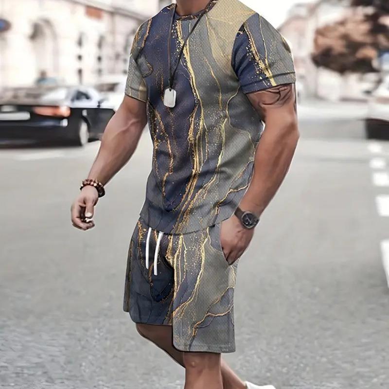 

2024 Fashion Men s Sportswear 3D Patchwork Print T-shirt Shorts 2Pcs Sets Summer Casual Short Sleeve Crew-Neck Tracksuit Outfits 6XL