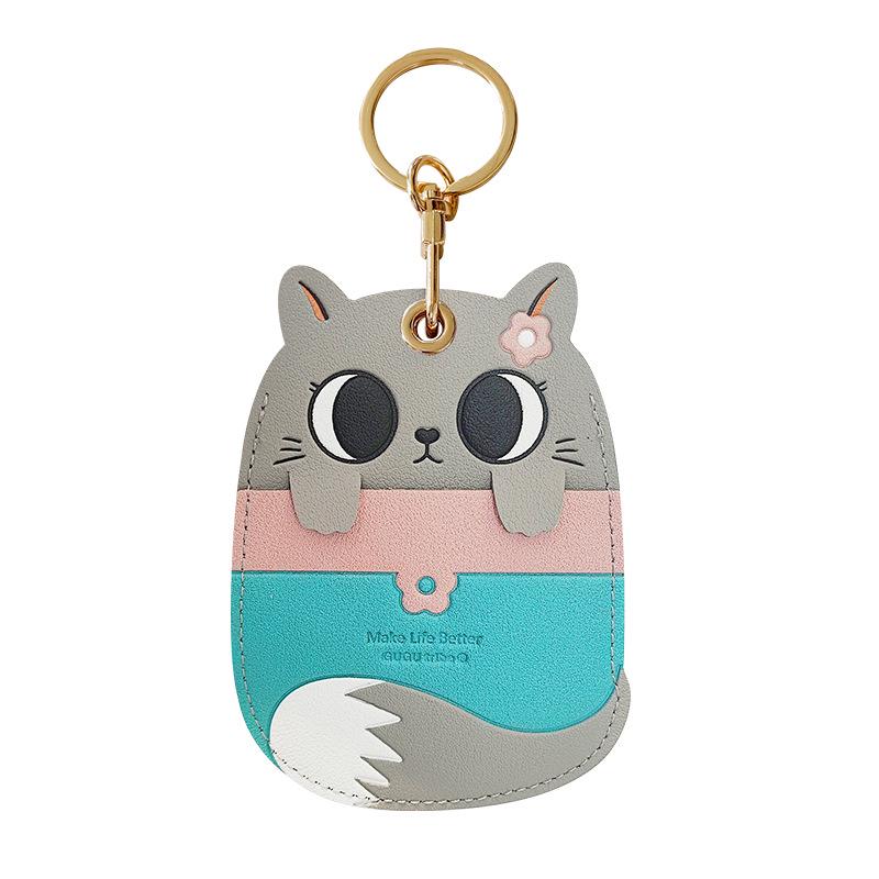 Creative Cute Cat Cartoon PU Card Holder: Student ID, Campus Card, Bus Pass, Meal Card, Luggage Tag, Adorable Design серый