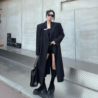 Winter Verdickter Schwarzer Langer Blazer Mantel für Damen Lockerer Schnitt Trenchcoat Anzugjacke Elegante Büroformelle Oberbekleidung