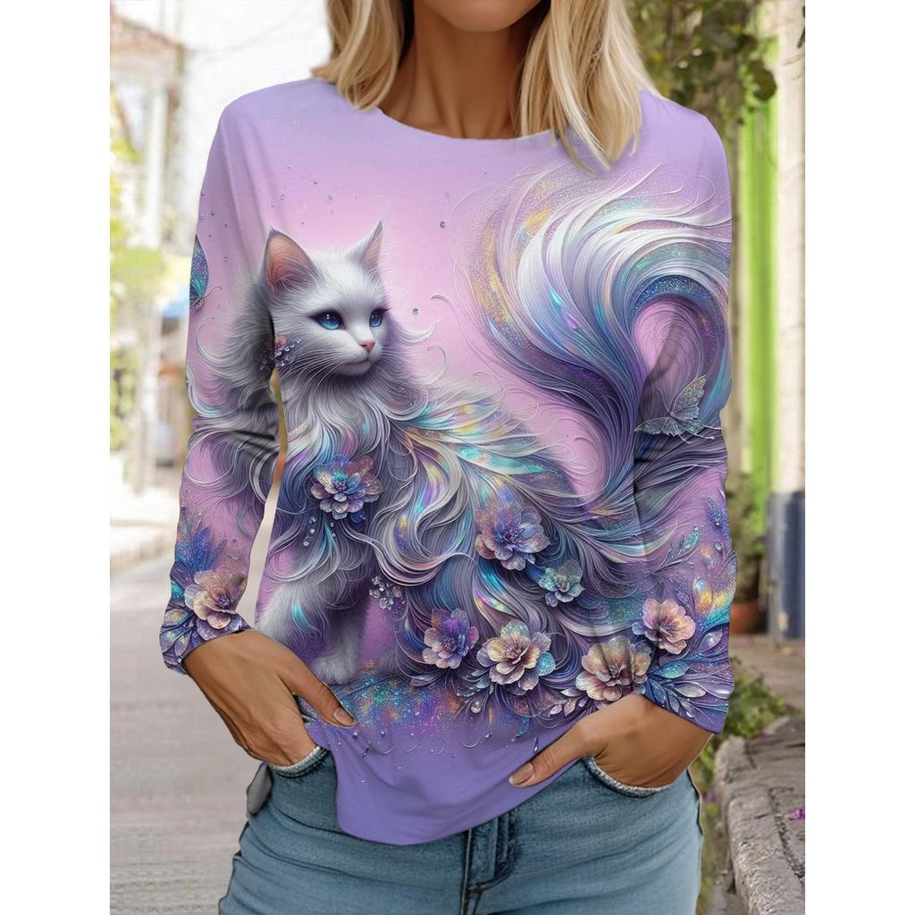 2025 Autumn and Winter Women's Long Sleeve 3D Printed Cute Cat T-Shirt, Streetwear, Round Neck Long Sleeve