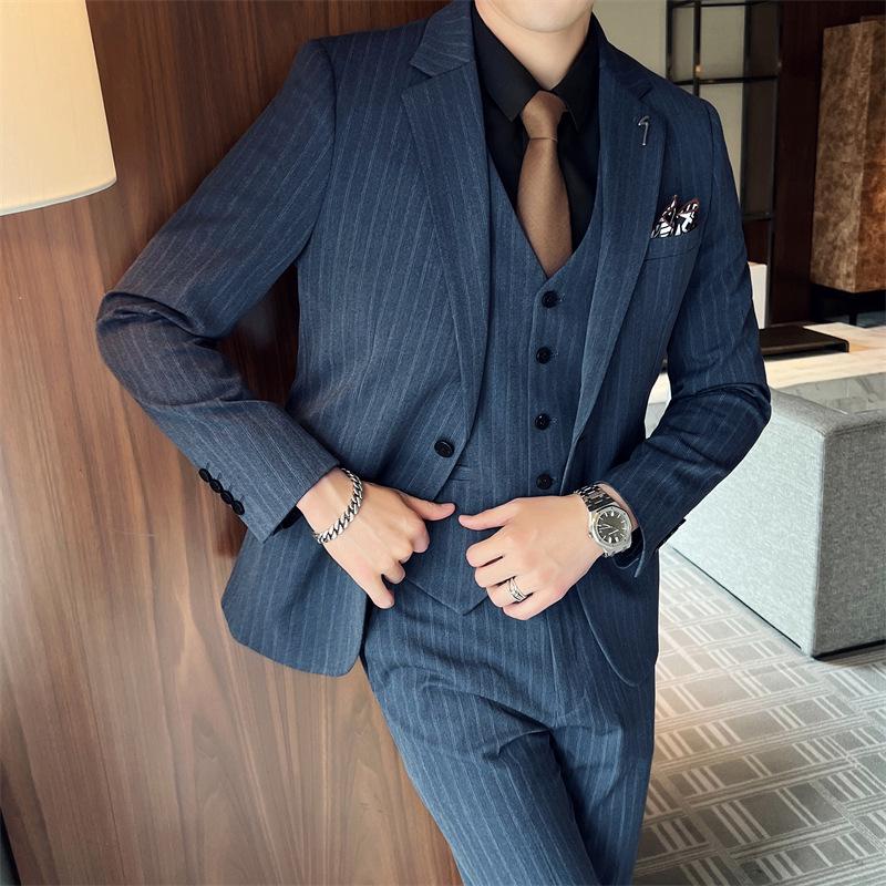 Men's Slim Fit Striped Three-Piece Suit for Wedding or Business Wear