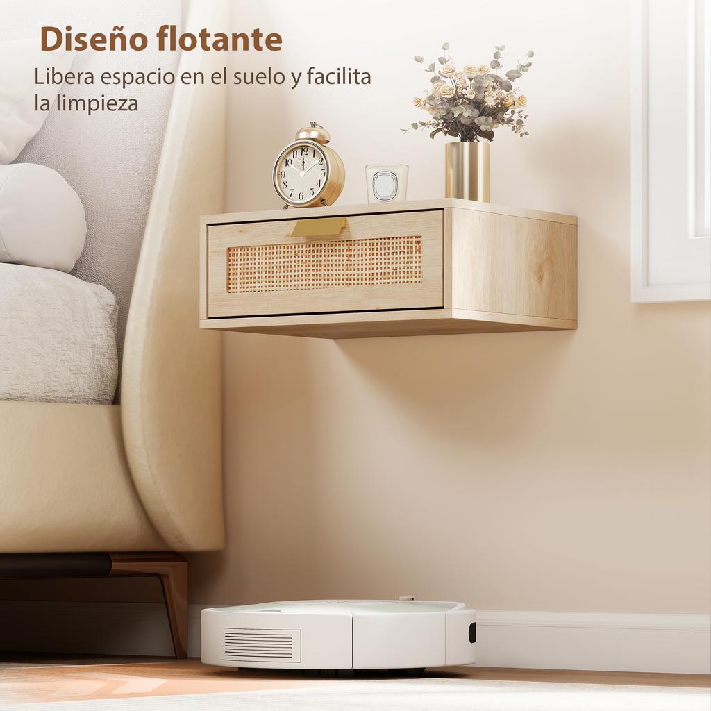 Set of 2 Floating Nightstands, Rattan Drawer, 40x30x15 cm, Natural